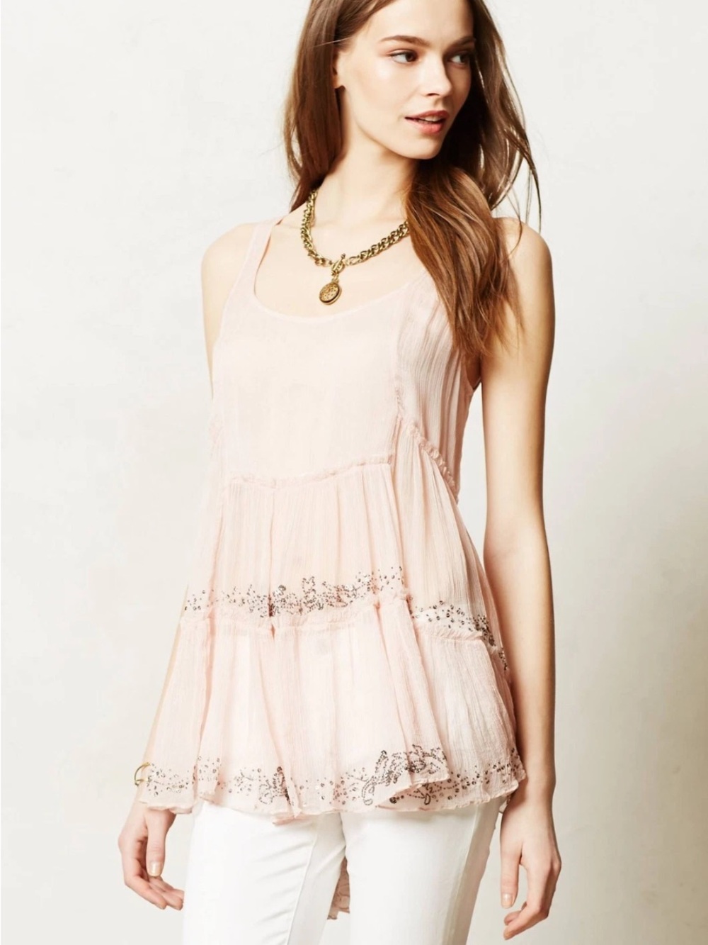 Anthropologie Casmilla Cami
 Light Pink Sleeveless Tiered Lace-Trim Tank Top
